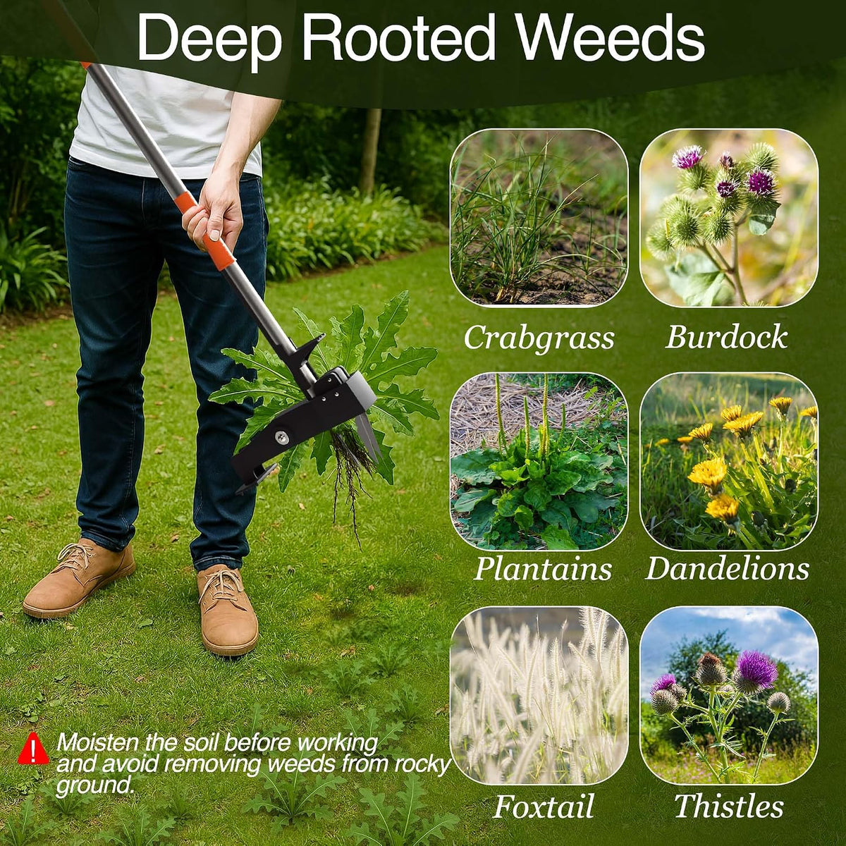Manual Stand Up Weed Puller Tool with Long Handle | Heavy Duty 4-Claw Steel Head Weeder for Root Removal | Ergonomic Weeding Tool for Dandelion, Lawn, Yard & Garden Maintenance