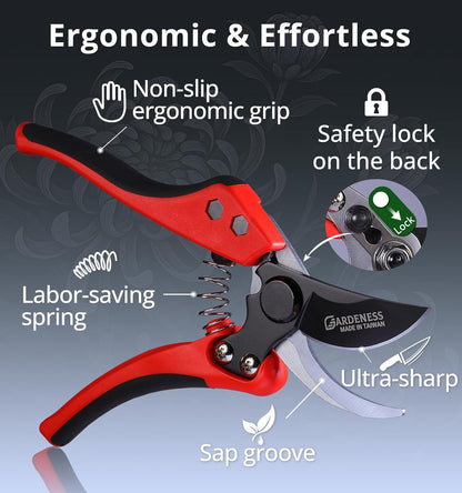 Pruning Shears, Professional Bypass Heavy Duty Garden Pruner Secateurs – Lightweight Easy Grip Hand Pruners Branch Clippers for Gardening, Trimming, Harvesting. Made in Taiwan