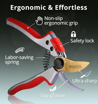 Pruning Shears, Professional Bypass Heavy Duty Garden Pruner Secateurs – Lightweight Easy Grip Hand Pruners Branch Clippers for Gardening, Trimming, Harvesting. Made in Taiwan