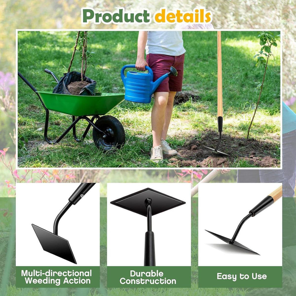 2 Pcs 55 Inch Hoe Garden Tool Diamond Head Heavy Duty Long Handle Weeding Tool Push Pull Action Stirrup Hula Hoe with Forged Steel 4 Sharp Edges for Digging Hoeing Loosing Soil