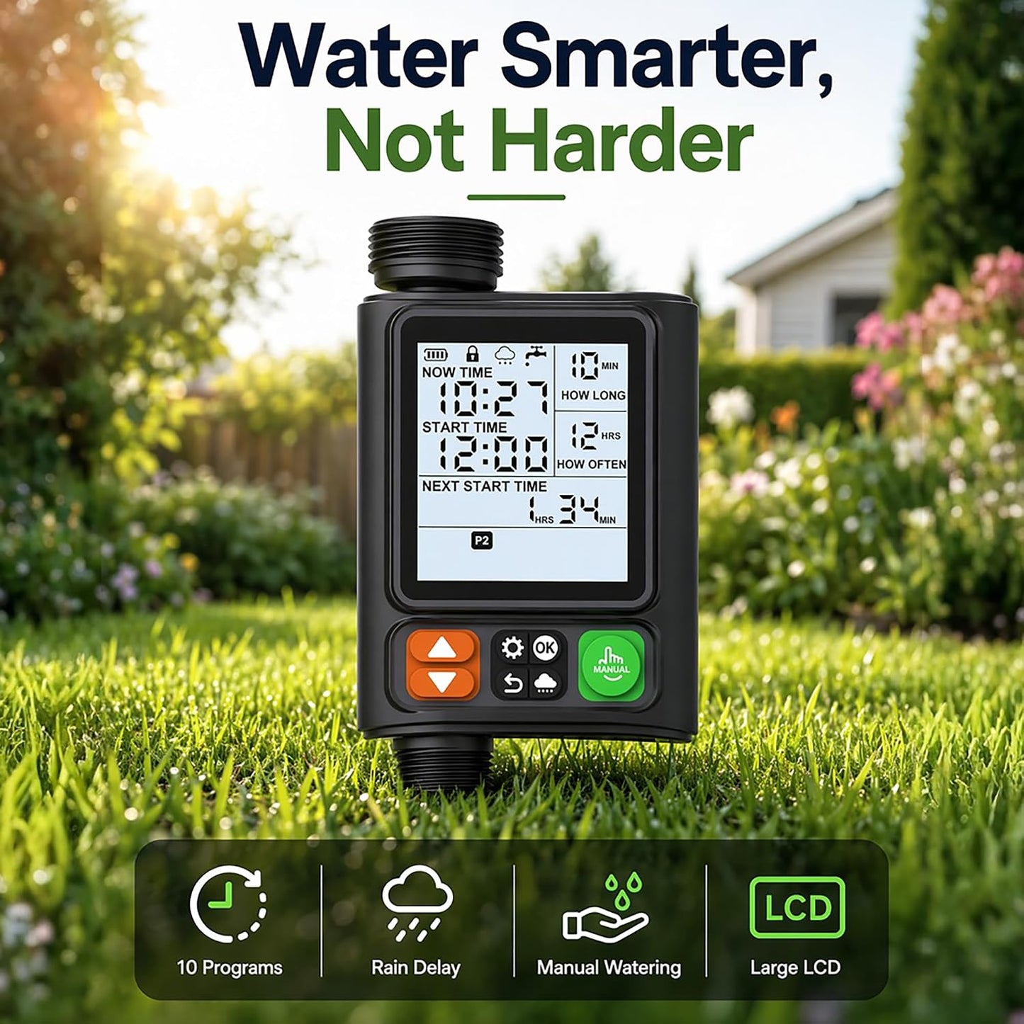 Sprinkler Timer for Garden Hose,10 Independent Watering Programs,Automatic Rain Delay,Outdoor Faucet Water Timer with Manual Mode,3.3" LCD Display,IP54 Waterproof for Lawn Yard Irrigation