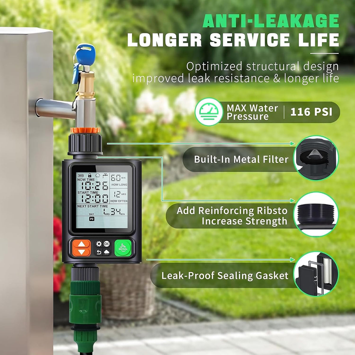 Sprinkler Timer for Garden Hose,10 Independent Watering Programs,Automatic Rain Delay,Outdoor Faucet Water Timer with Manual Mode,3.3" LCD Display,IP54 Waterproof for Lawn Yard Irrigation