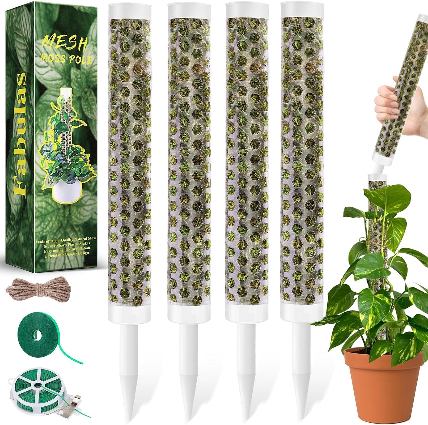 55 Inch Moss Pole Monstera Plant Support, 4 Pack 17 Inch Plant Support Stakes for Indoor Climbing Plants, Stackable Sphagnum Moss Pole Sticks for Garden Potted Planter, Pothos, Philodendron