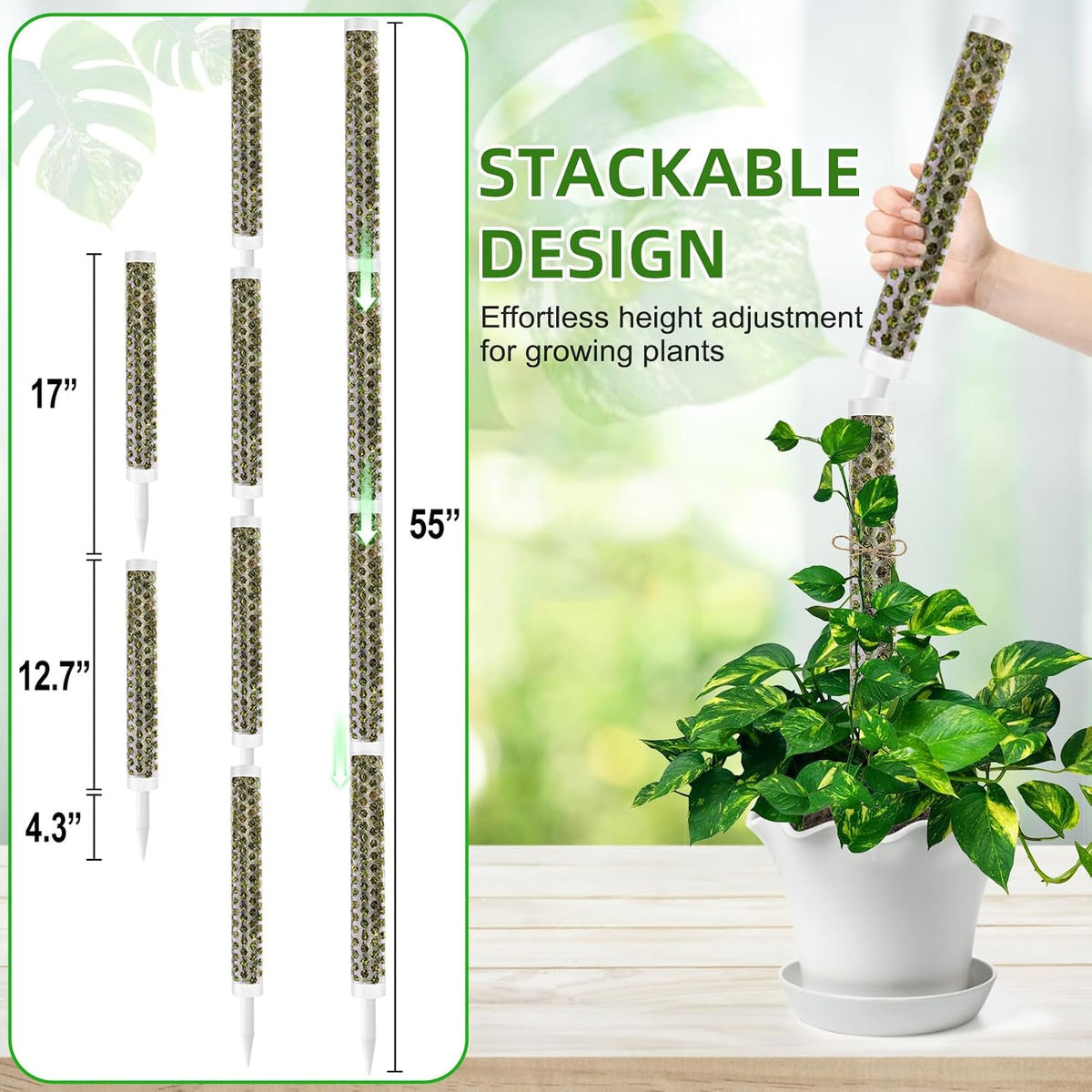 55 Inch Moss Pole Monstera Plant Support, 4 Pack 17 Inch Plant Support Stakes for Indoor Climbing Plants, Stackable Sphagnum Moss Pole Sticks for Garden Potted Planter, Pothos, Philodendron