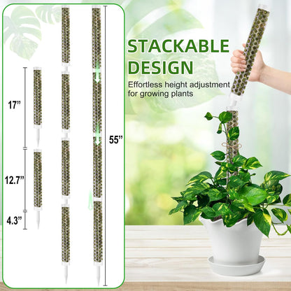 55 Inch Moss Pole Monstera Plant Support, 4 Pack 17 Inch Plant Support Stakes for Indoor Climbing Plants, Stackable Sphagnum Moss Pole Sticks for Garden Potted Planter, Pothos, Philodendron
