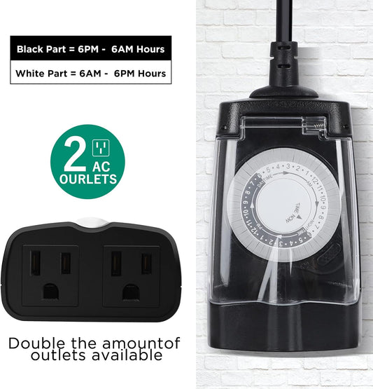 24 Hour Mechanical Outdoor Timer Outlet, Outdoor Timer for Lights, Waterproof, 2 Grounded Outlets, 15A 1/2HP, Heavy Duty, ETL Listed
