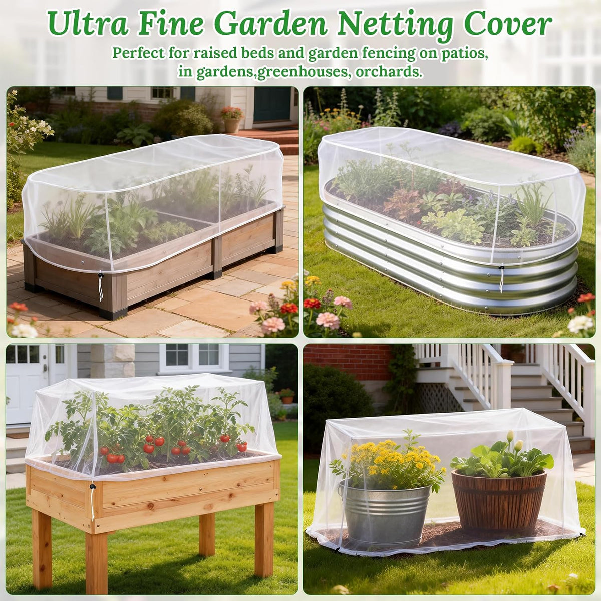 2 Pack Garden Netting for Raised Beds, 4.3x2FT Durable Ultra Fine Mesh Plant Covers with Drawstring to Keep Small Animals Pest Out,Raised Bed Bird Barrier Screen for Protecting Fruits Vegetables Crops