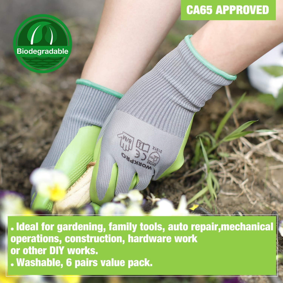 6 Pairs Garden Gloves Men and Women with Eco Latex Palm Coated