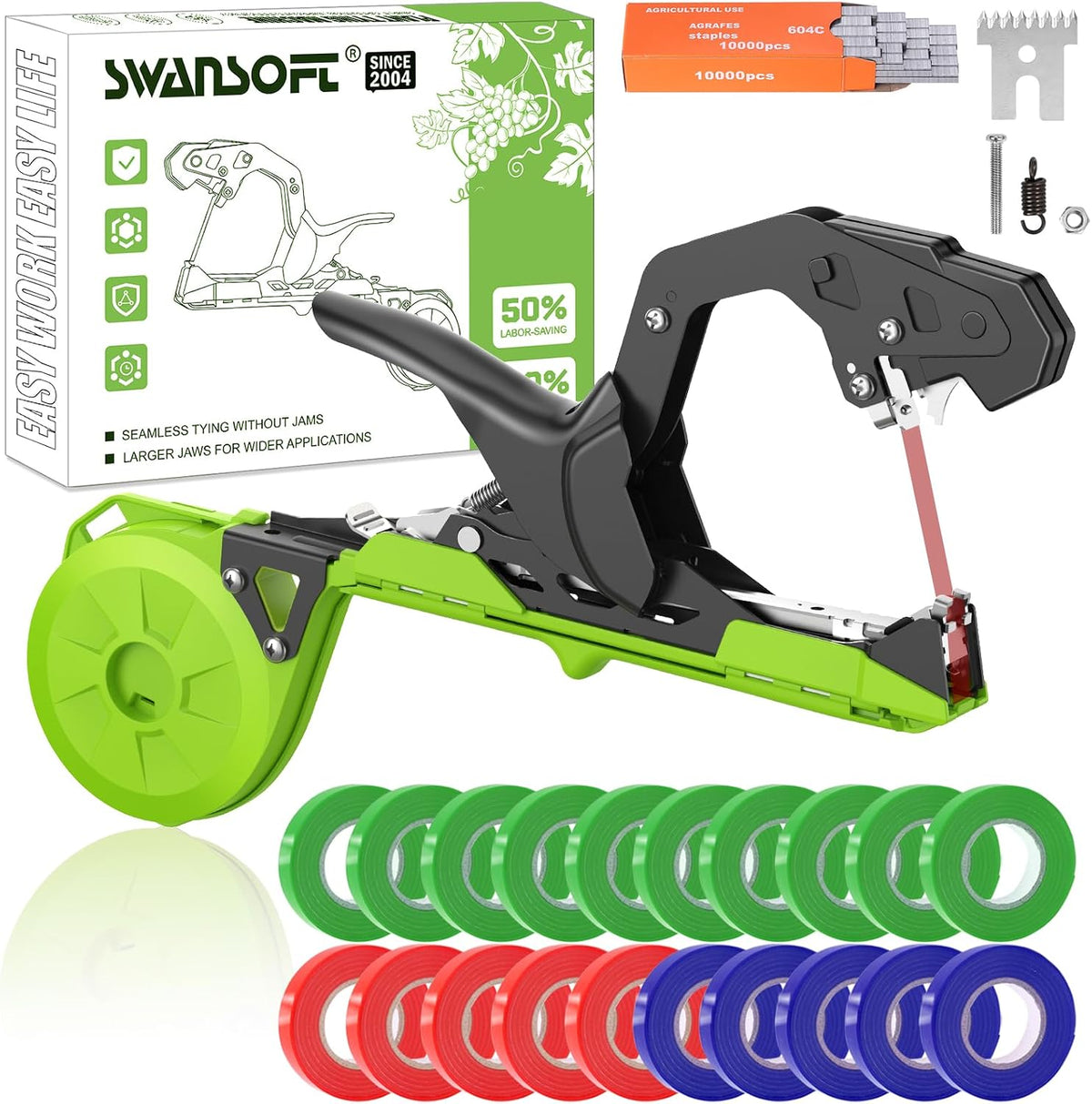 Plant Tying Machine, Come with 10000pcs Staples 20 Rolls (Green)