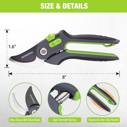 8" Bypass Pruning Shears for Gardening with Dual-Size Opening