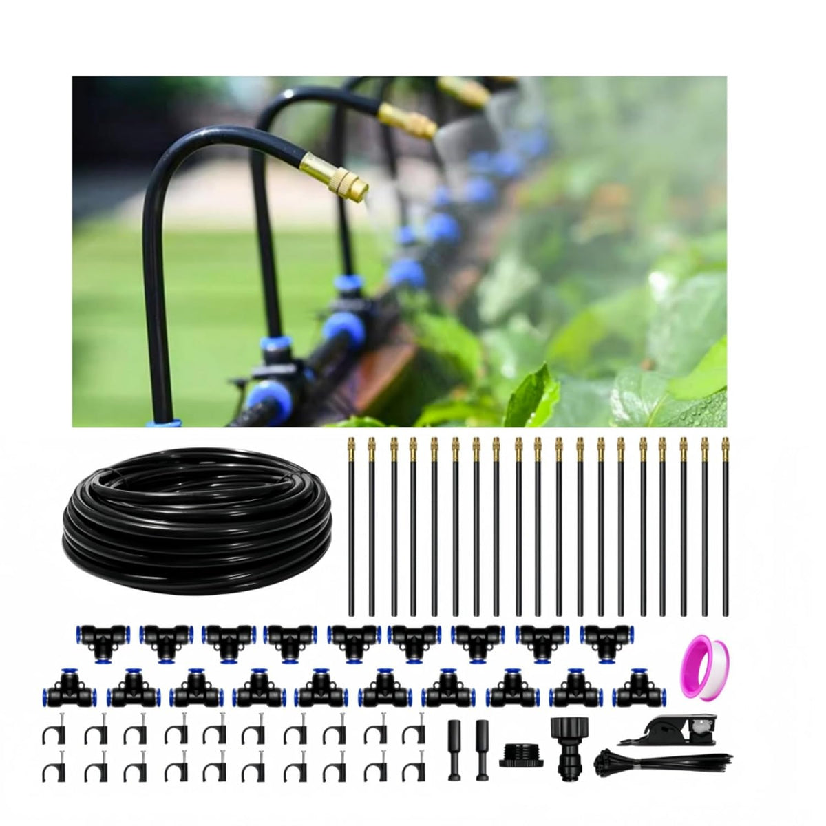40FT Drip Irrigation Kit, 13 360° Copper Nozzles, Garden Watering System