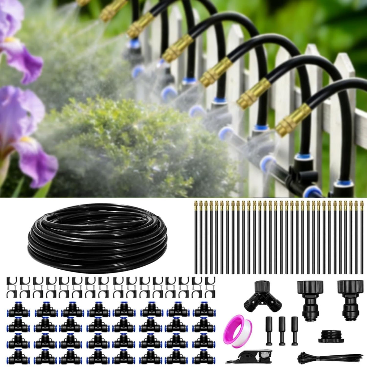 40FT Drip Irrigation Kit, 13 360° Copper Nozzles, Garden Watering System