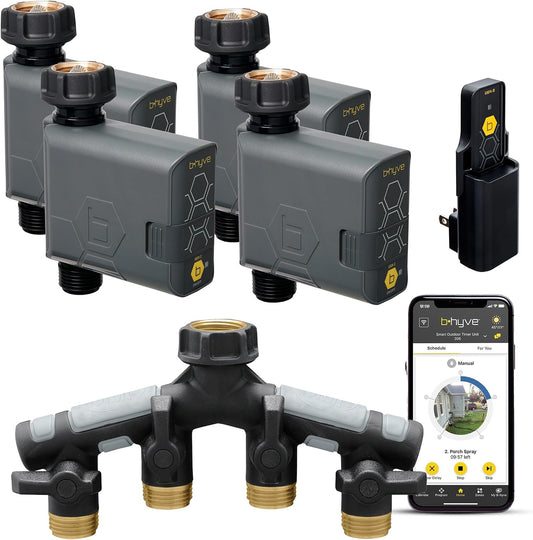 21207 B-hyve Gen 2 Smart Hose Watering Timer, 4-Pack with Wi-Fi Hub and Hose Y Splitter