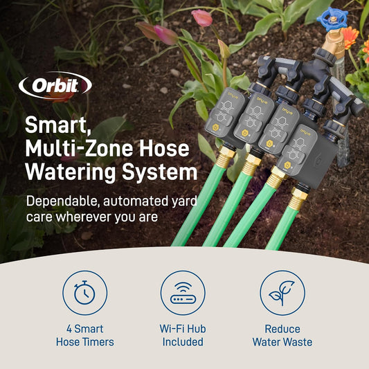 21207 B-hyve Gen 2 Smart Hose Watering Timer, 4-Pack with Wi-Fi Hub and Hose Y Splitter