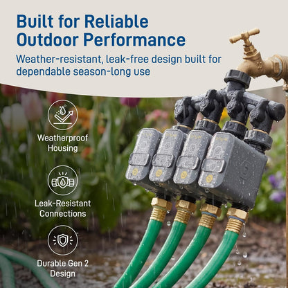 21207 B-hyve Gen 2 Smart Hose Watering Timer, 4-Pack with Wi-Fi Hub and Hose Y Splitter