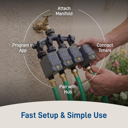 21207 B-hyve Gen 2 Smart Hose Watering Timer, 4-Pack with Wi-Fi Hub and Hose Y Splitter