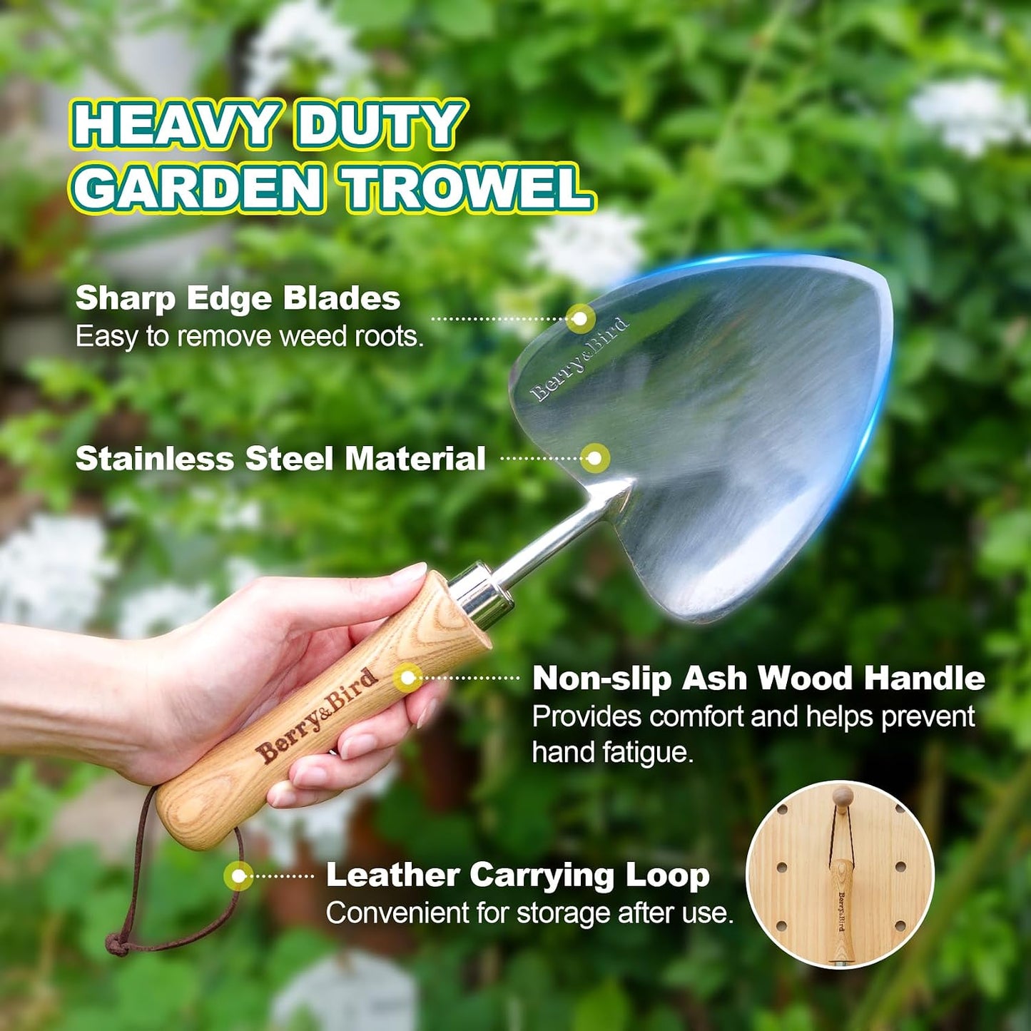 Perennial Spade, 21.6''Long Trowel for Gardening Root Cutting Tool with Sharp Stainless Steel Blade, Wooden Handle Small Shovel Hand Edger Garden Tool for Planting, Digging & Transplanting