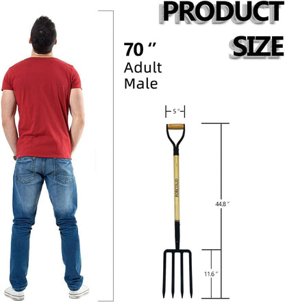 Garden Fork, 4-Tine Spading Digging Fork, Pitch Fork-45Inch, Forged Steel Y-Grip, Wood Handel-Red