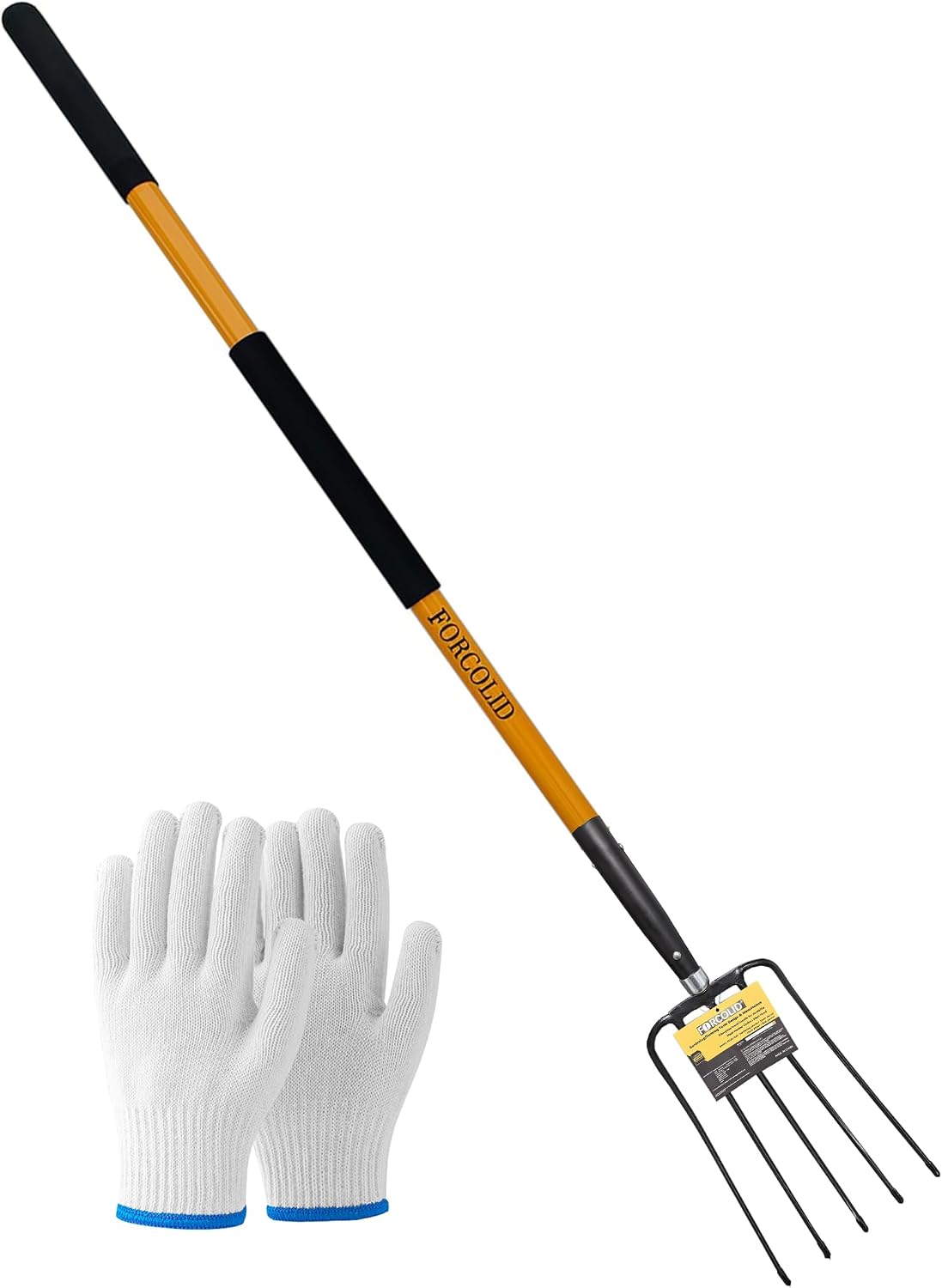 Garden Fork, 4-Tine Spading Digging Fork, Pitch Fork-45Inch, Forged Steel Y-Grip, Wood Handel-Red
