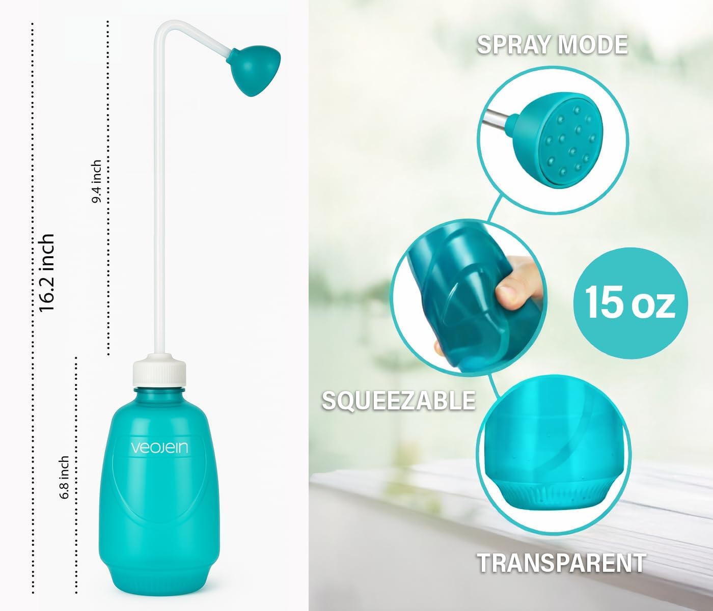 Longest Spout Plant Watering Squeeze Bottle [16,2", Pack of 2], Watering Can for Hanging Plants, Original Extended Design for Hard-to-Reach Plants Indoor & Outdoor Watering, 15 oz (Teal)