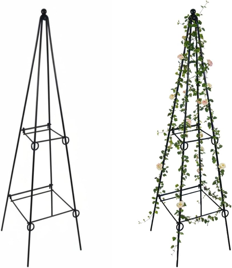 2 Pack Black Metal Folding Square Plant Stand – 35.5" Tall 2-Tier Decorative Plant Holder Flower Pot Stand for Patio Garden Climbing Vines, Roses, Clematis, and Potted Plants