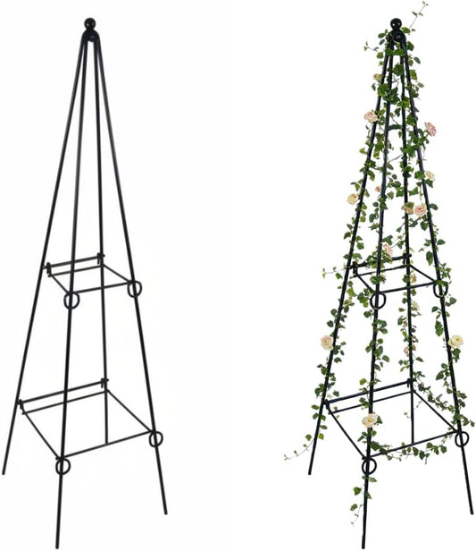 2 Pack Black Metal Folding Square Plant Stand – 35.5" Tall 2-Tier Decorative Plant Holder Flower Pot Stand for Patio Garden Climbing Vines, Roses, Clematis, and Potted Plants