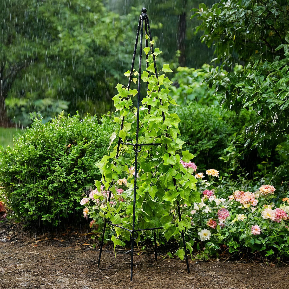 2 Pack Black Metal Folding Square Plant Stand – 35.5" Tall 2-Tier Decorative Plant Holder Flower Pot Stand for Patio Garden Climbing Vines, Roses, Clematis, and Potted Plants