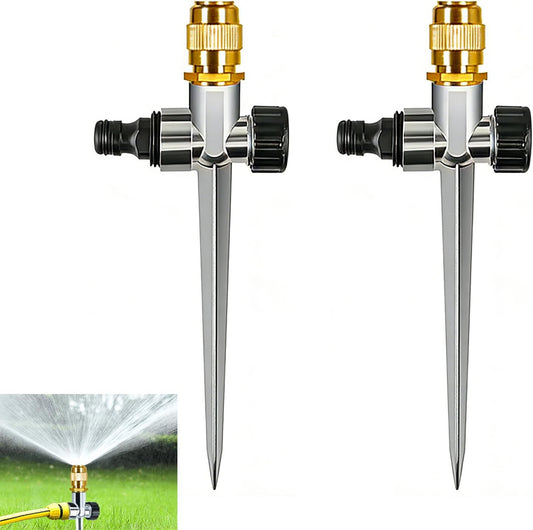 2 Pack Impact Sprinklers for Yard, Adjustable Automatic Brass Garden Water Sprinklers on Spike Base, Zinc Alloy Lawn Sprinkler for 360 Degree Large Area Patio Garden Irrigation
