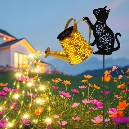 Solar Garden Lights Outdoor Decor, Watering Can with Cat Stake, Waterproof