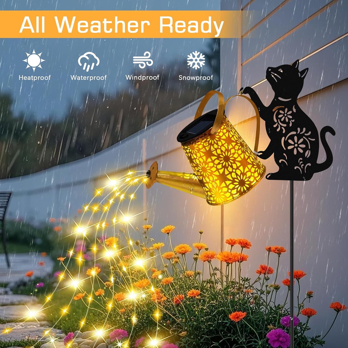 Solar Garden Lights Outdoor Decor, Watering Can with Cat Stake, Waterproof