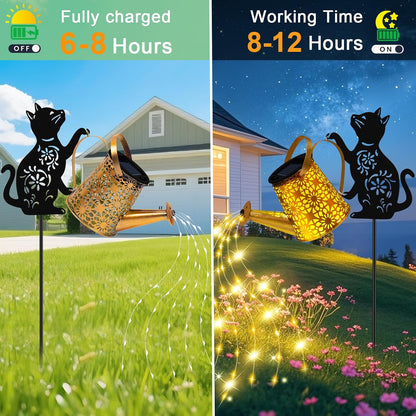 Solar Garden Lights Outdoor Decor, Watering Can with Cat Stake, Waterproof