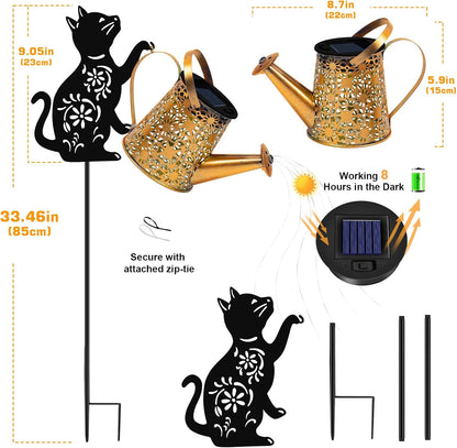 Solar Garden Lights Outdoor Decor, Watering Can with Cat Stake, Waterproof