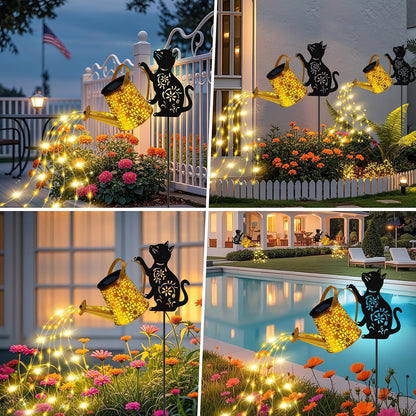 Solar Garden Lights Outdoor Decor, Watering Can with Cat Stake, Waterproof