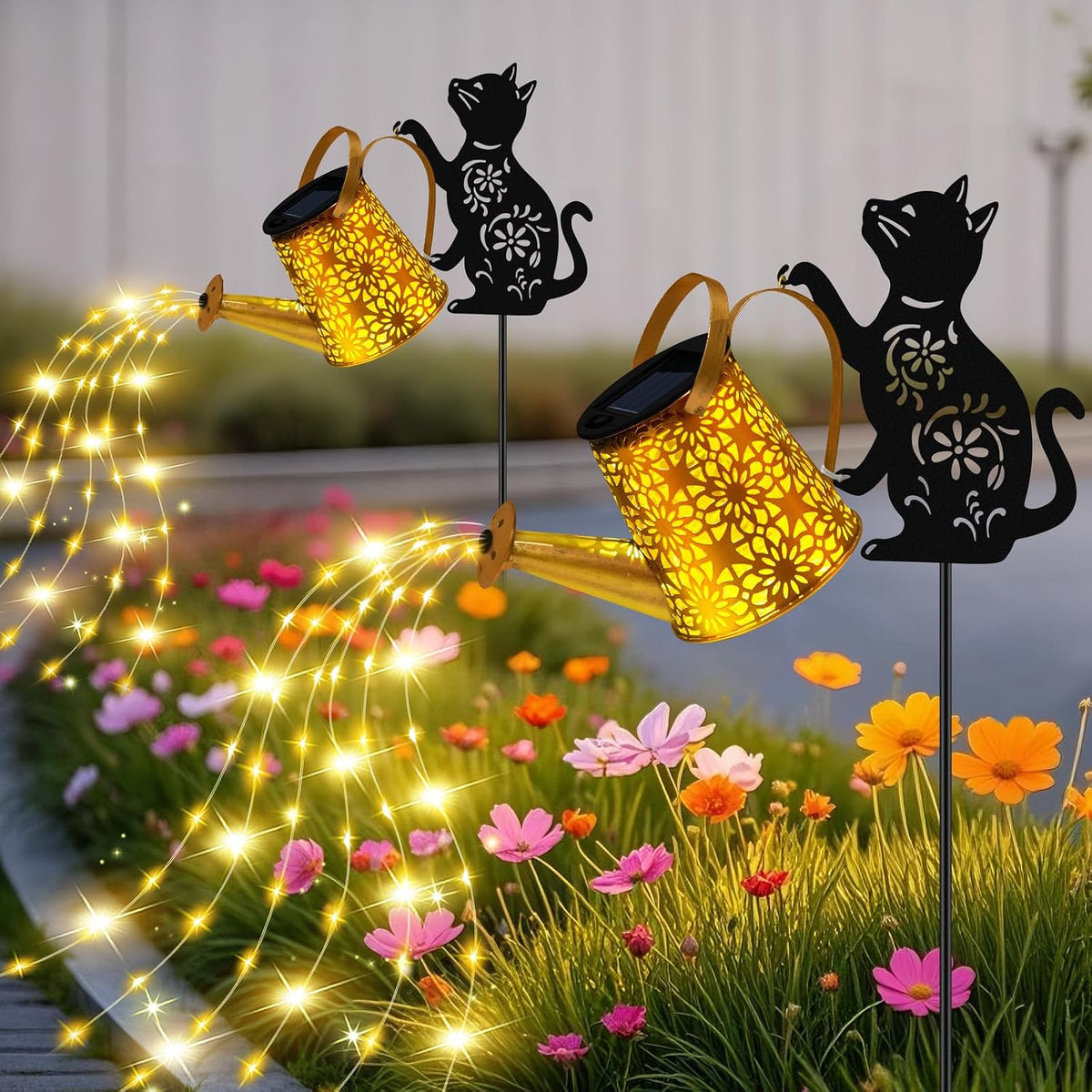 Solar Garden Lights Outdoor Decor, Watering Can with Cat Stake, Waterproof