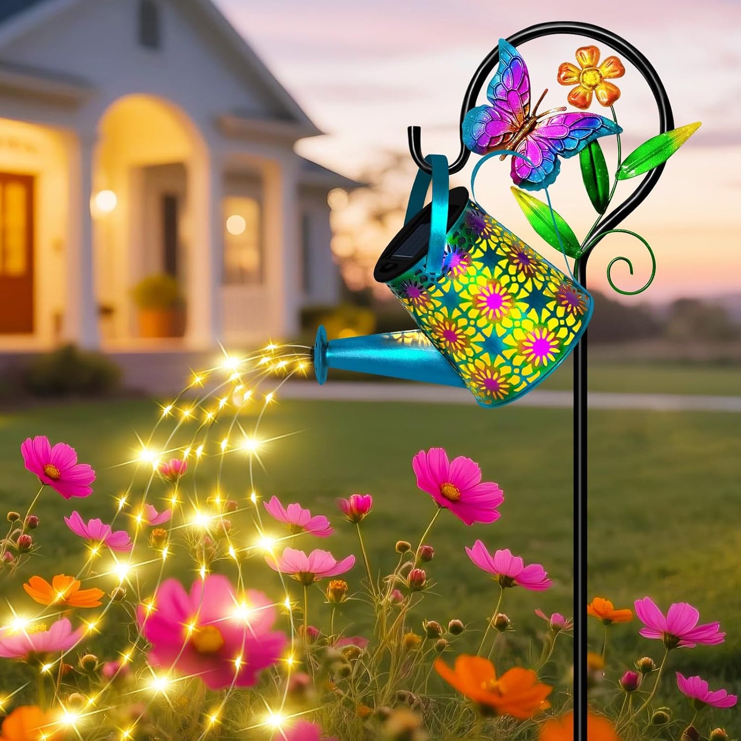 Solar Garden Lights Outdoor Decor, Watering Can with Cat Stake, Waterproof