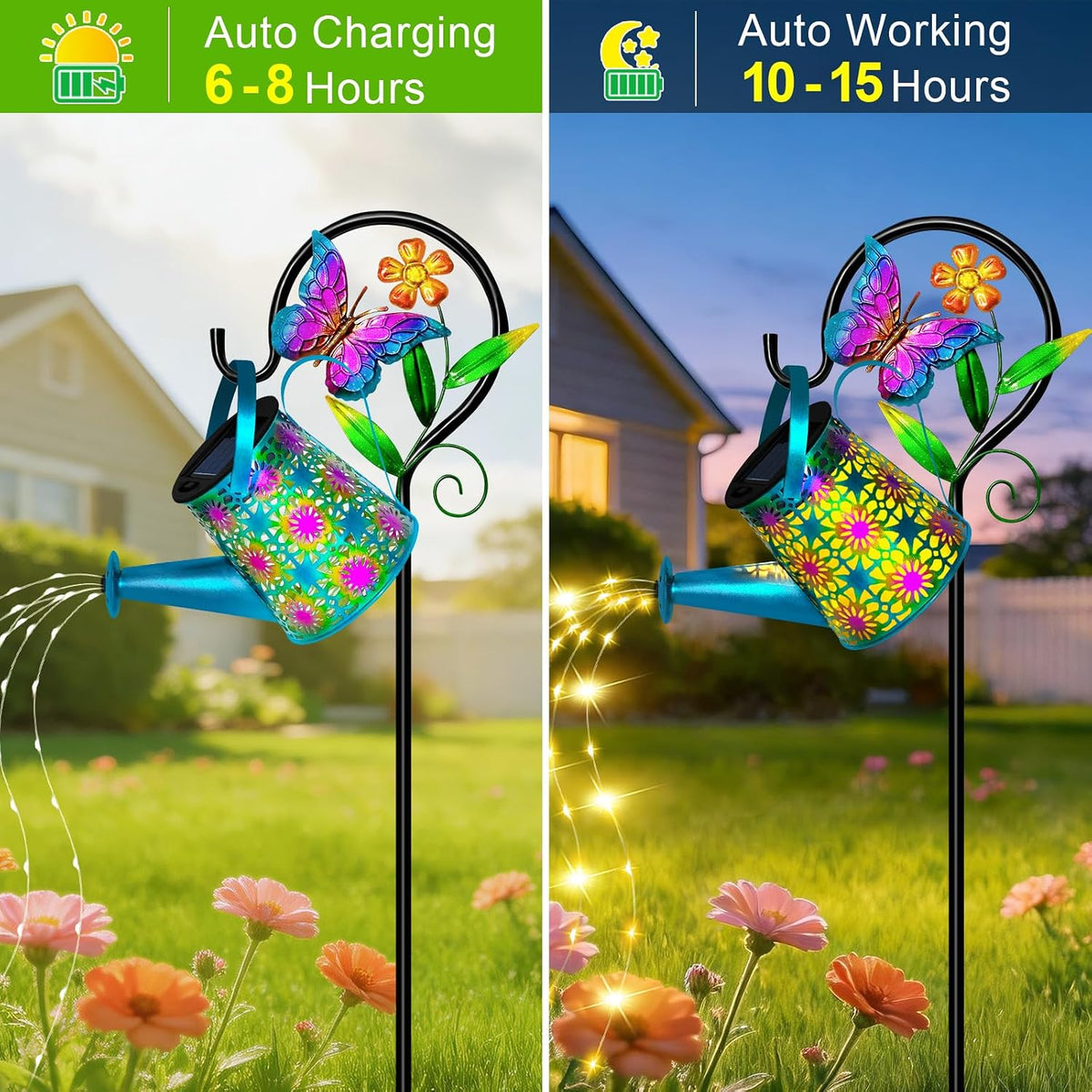 Solar Garden Lights Outdoor Decor, Watering Can with Cat Stake, Waterproof