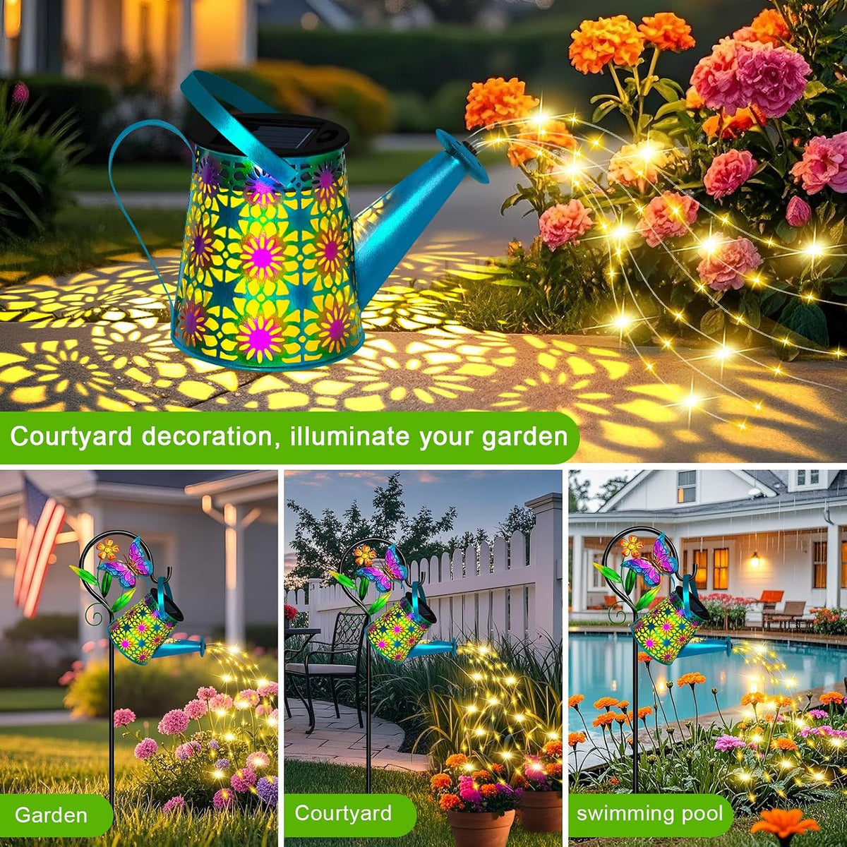 Solar Garden Lights Outdoor Decor, Watering Can with Cat Stake, Waterproof