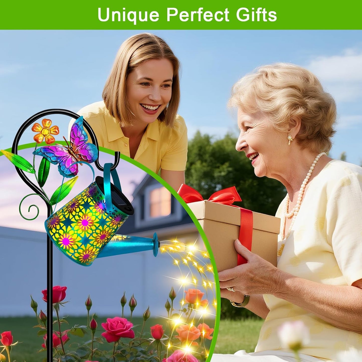 Solar Garden Lights Outdoor Decor, Watering Can with Cat Stake, Waterproof