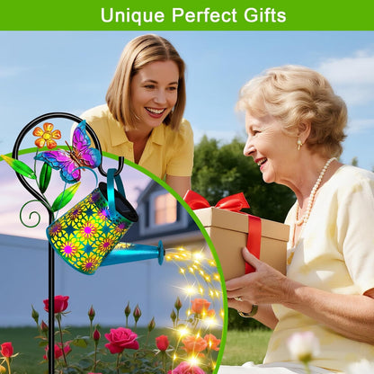 Solar Garden Lights Outdoor Decor, Watering Can with Cat Stake, Waterproof