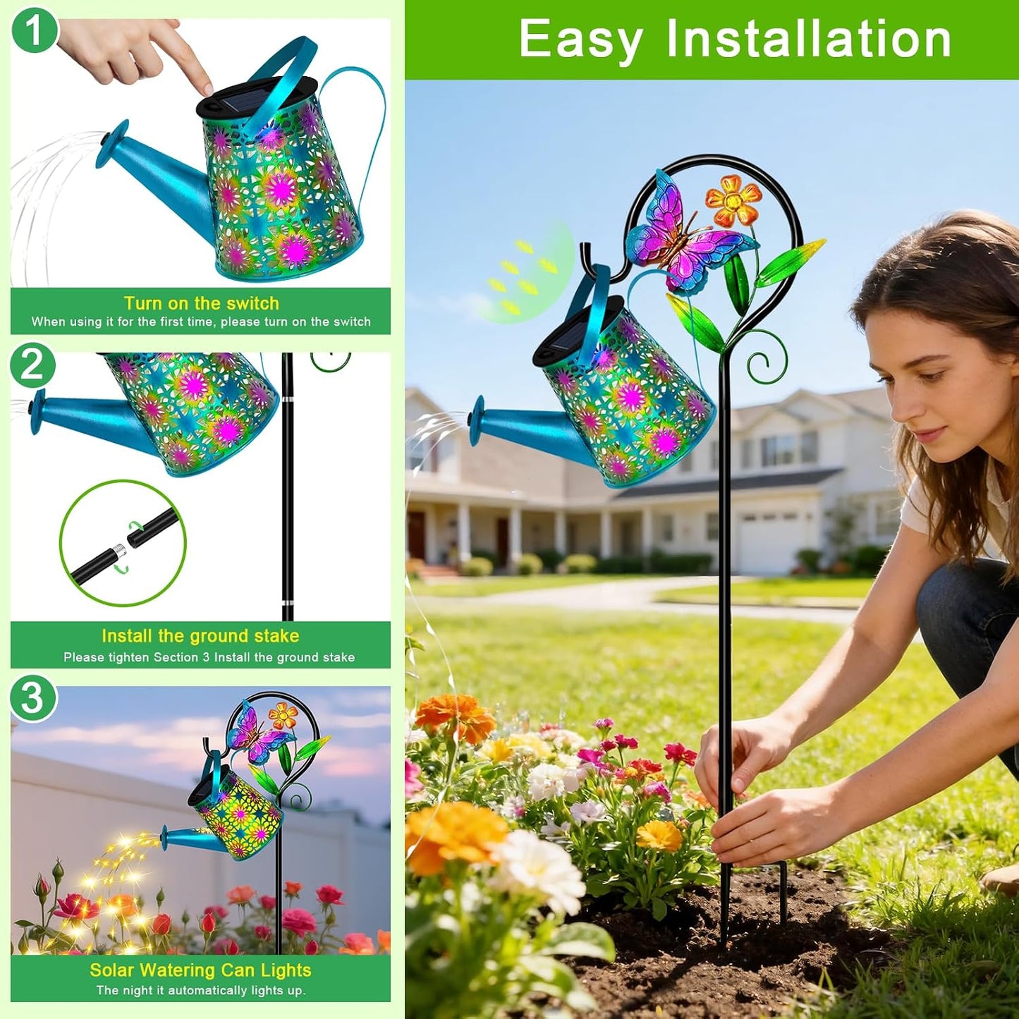 Solar Garden Lights Outdoor Decor, Watering Can with Cat Stake, Waterproof