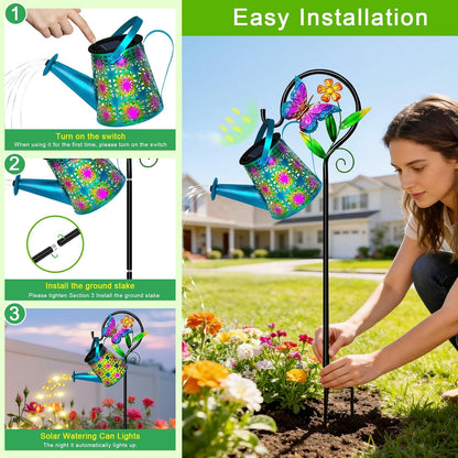 Solar Garden Lights Outdoor Decor, Watering Can with Cat Stake, Waterproof