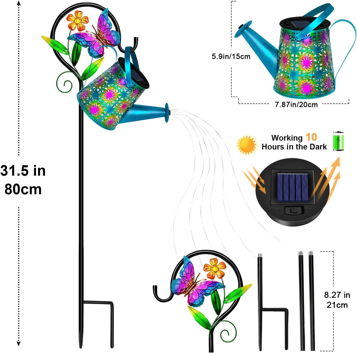 Solar Garden Lights Outdoor Decor, Watering Can with Cat Stake, Waterproof