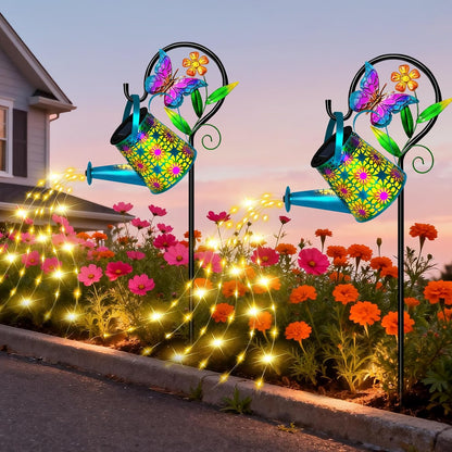 Solar Garden Lights Outdoor Decor, Watering Can with Cat Stake, Waterproof