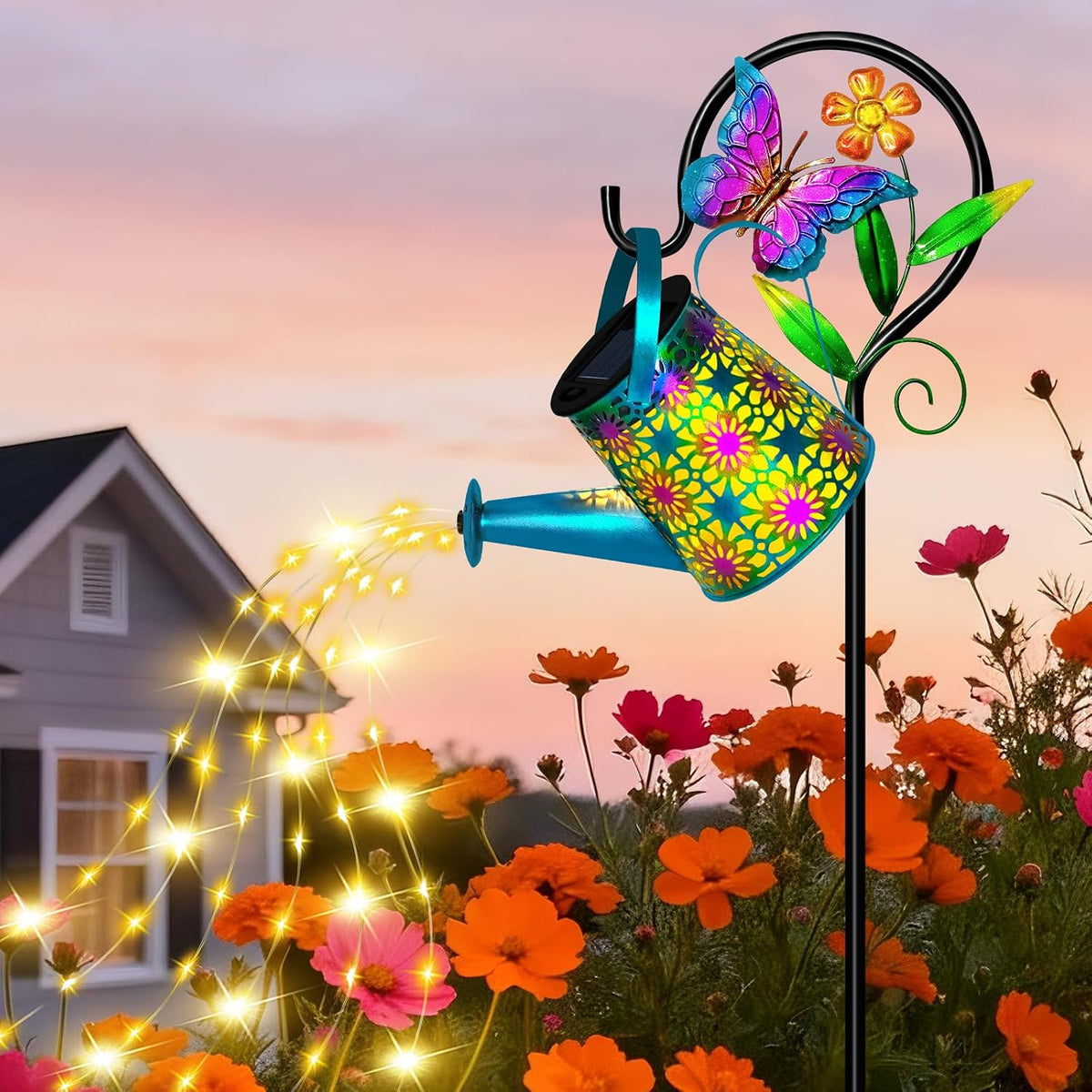 Solar Garden Lights Outdoor Decor, Watering Can with Cat Stake, Waterproof