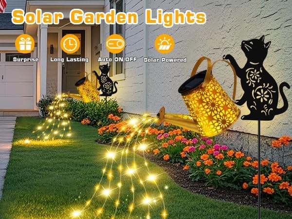Solar Garden Lights Outdoor Decor, Watering Can with Cat Stake, Waterproof