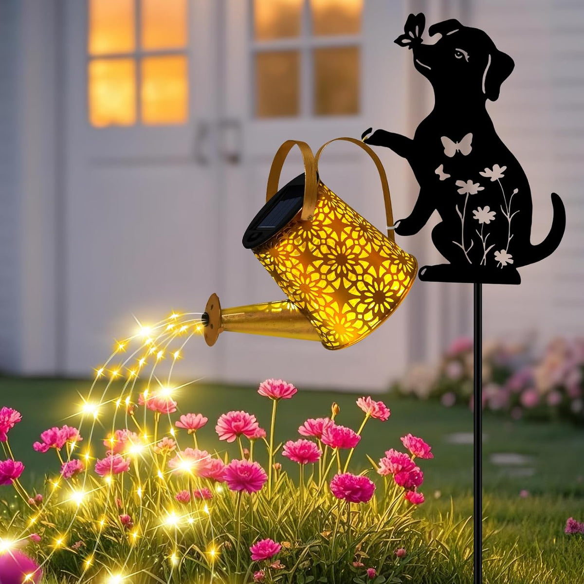 Solar Garden Lights Outdoor Decor, Watering Can with Cat Stake, Waterproof