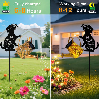 Solar Garden Lights Outdoor Decor, Watering Can with Cat Stake, Waterproof