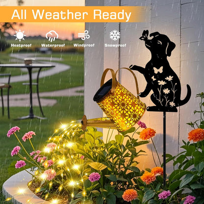 Solar Garden Lights Outdoor Decor, Watering Can with Cat Stake, Waterproof