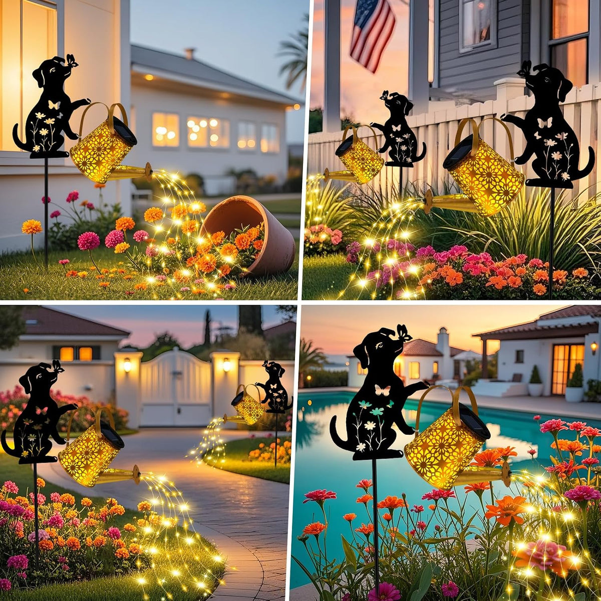 Solar Garden Lights Outdoor Decor, Watering Can with Cat Stake, Waterproof