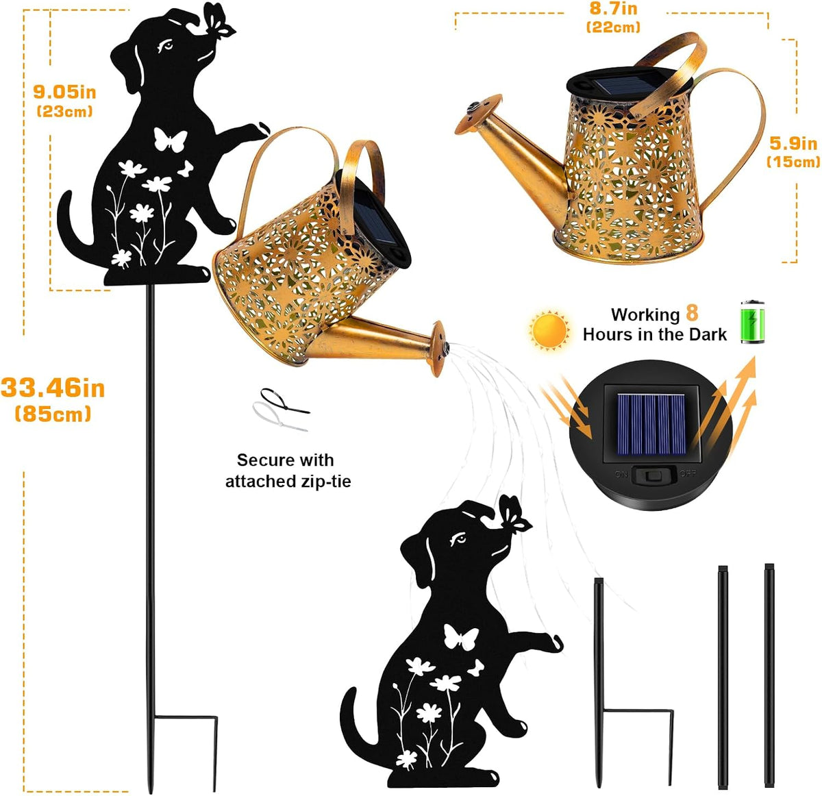 Solar Garden Lights Outdoor Decor, Watering Can with Cat Stake, Waterproof